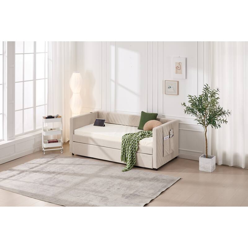 Twin Size Velvet Daybed with Trundle, USB Charging Port & Side Pockets, Modern Upholstered Sofa Bed with V-Pattern Backrest