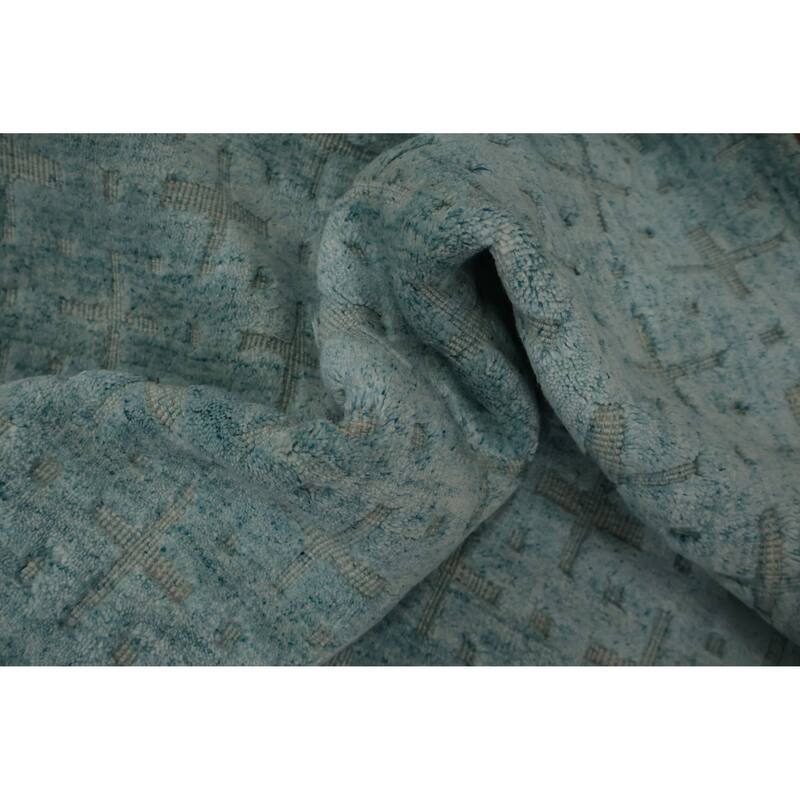 Hand Knotted Oriental Silk Carpet Modern Geometric Navy Blue & Blues Gabbeh Area Rug - 7' 4'' X 4' 11''