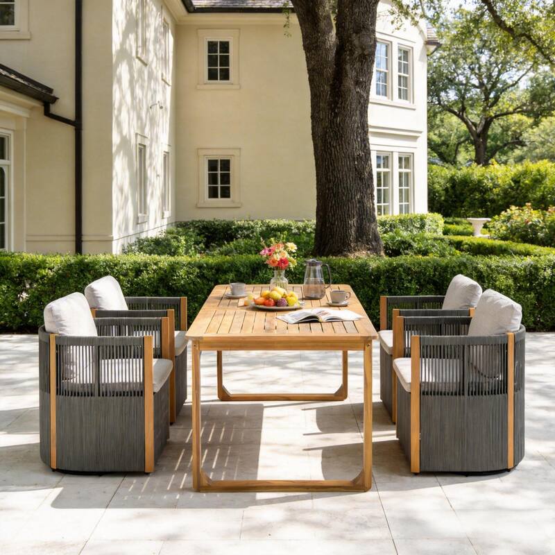 Christopher Knight Home - Ronan Outdoor Acacia Wood Dining Set with Swivel Rope Armchairs & Curved Leg Dining Table, Teak Finish