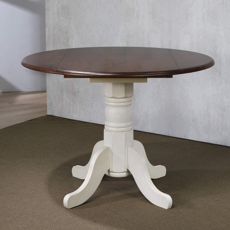 Round Extendable Dining Table 42" Art Deco Style Drop Leaf Table Seats 4 Antique White & Brown Finish - 32