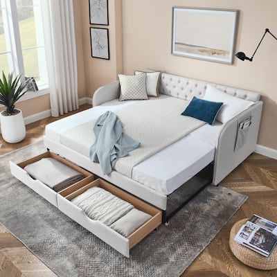 Tufted Daybed Upholstered Frame Sofa Bed with Pull-out Trundle Bed, Pockets, Storage Drawers and Button Copper Nail on Flat Arms