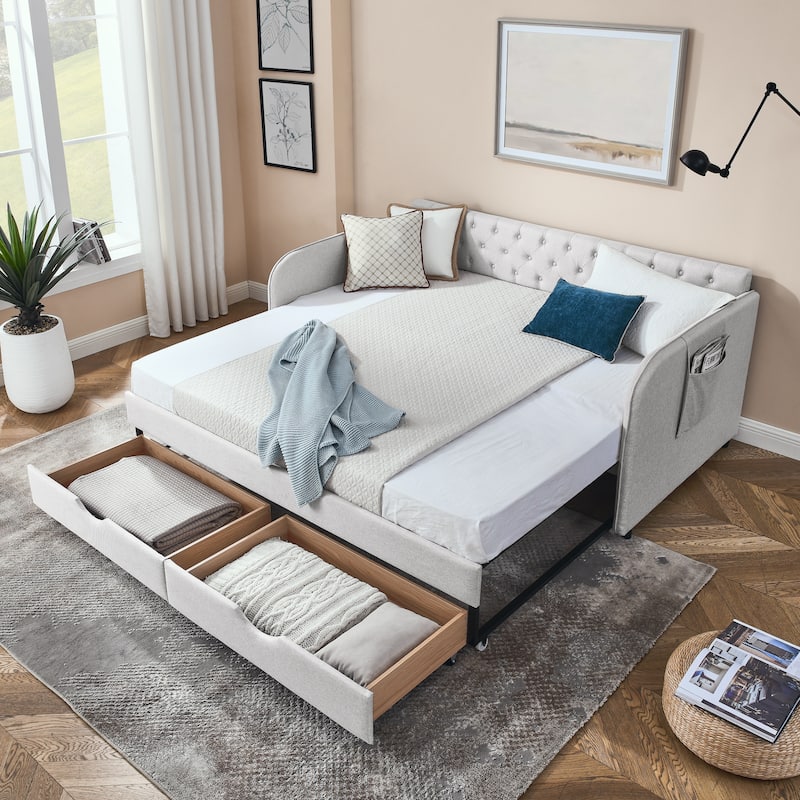 Twin Size Upholstery Daybed with Trundle and Two Storage Drawers for Bedroom