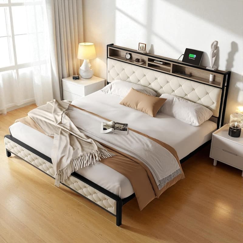 Queen/King Size Platform Bed Frame with Charging Station, Upholstered Storage Headboard & Metal Slats - Beige - King