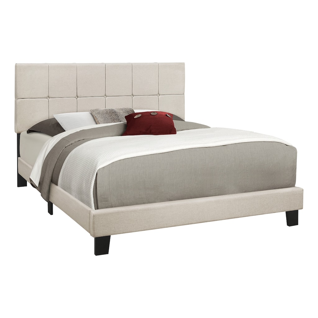 Queen Size Linen-Look Upholstered Platform Bed with Tufted Headboard and Wooden Legs