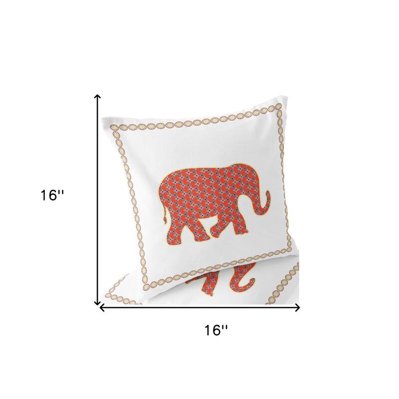 HomeRoots Set of Two 16" X 16" Orange and White Elephant Blown Seam Animal Print Indoor Outdoor Throw Pillow