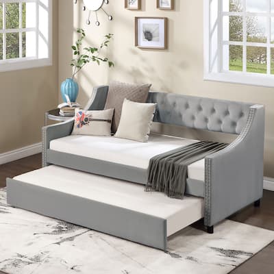 Upholstered Velvet Tufting Sleeper Sofa Chesterfield Daybed with Trundle