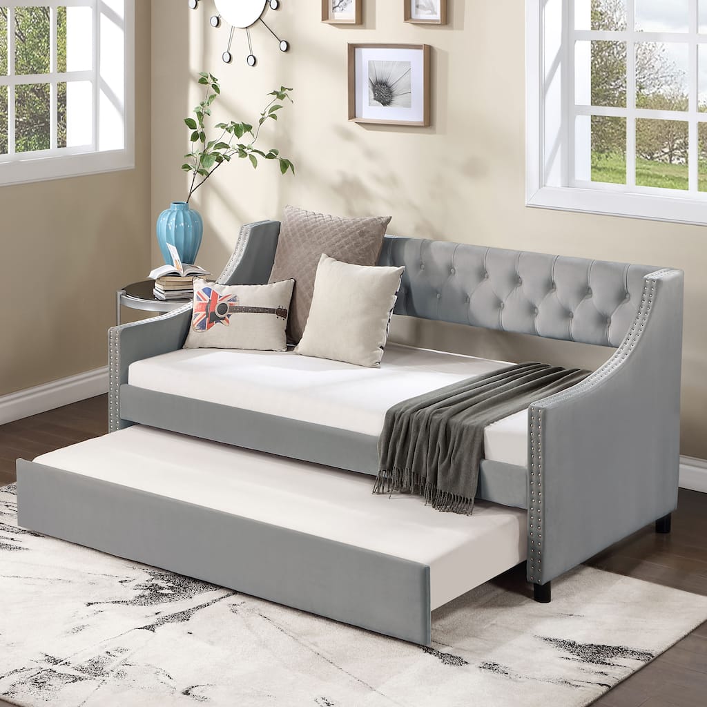 Upholstered Velvet Tufting Sleeper Sofa Chesterfield Daybed with Trundle