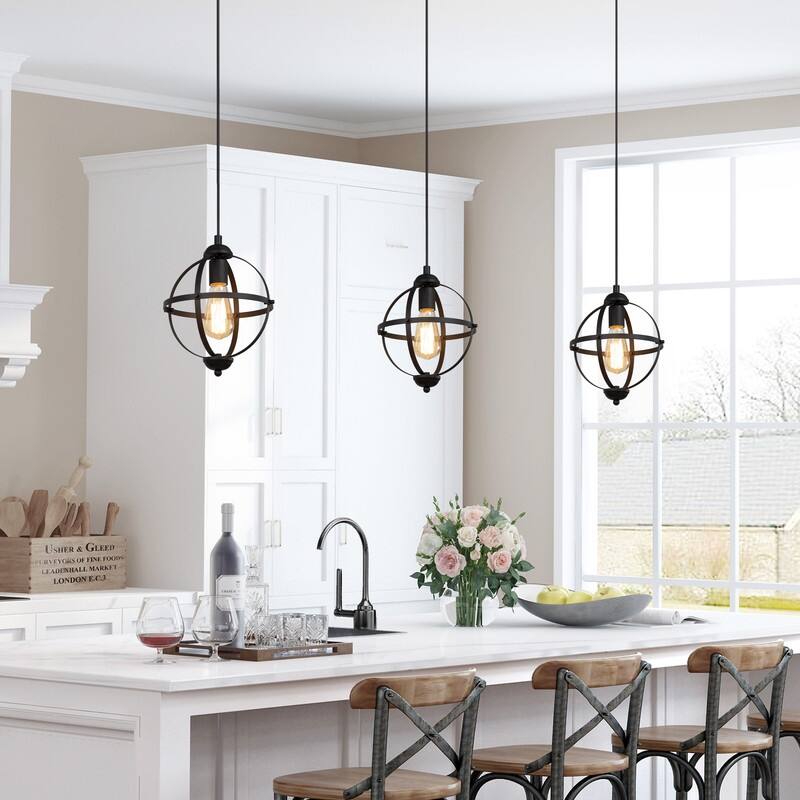 Modern Farmhouse Black 1-Light Globe Pendant Transitional Metal Island Light for Dining Room - 9.4'' L x 9.4'' W x 12.2'' H