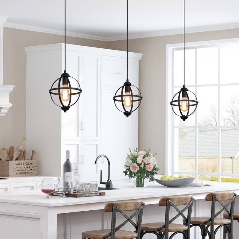 Modern Farmhouse Black 1-Light Globe Pendant Transitional Metal Island Light for Dining Room - 9.4'' L x 9.4'' W x 12.2'' H