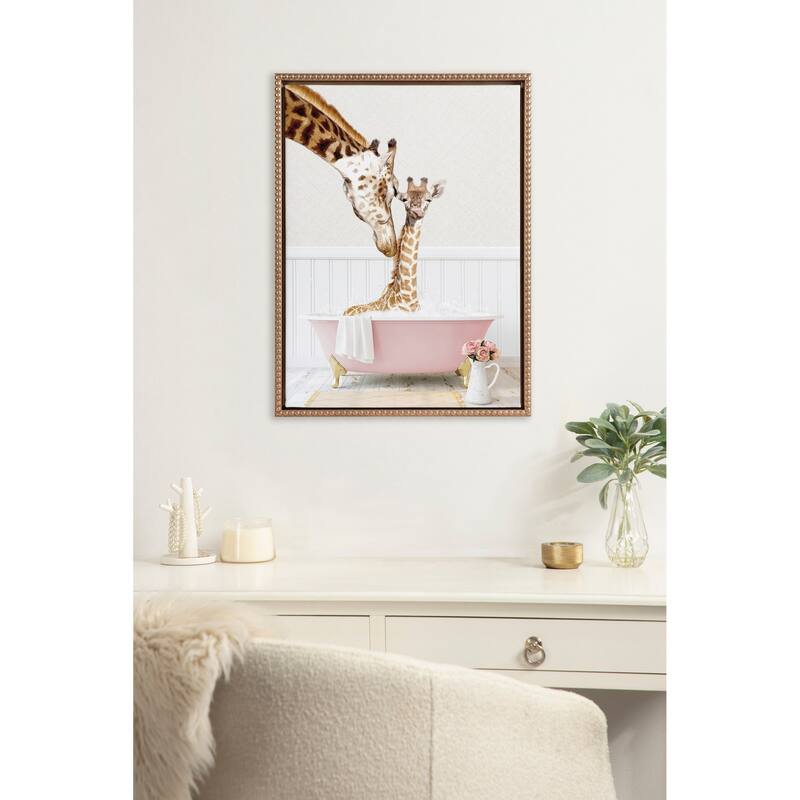 Sylvie Beaded Mother Baby Giraffe Rose Bath Canvas by Amy Peterson