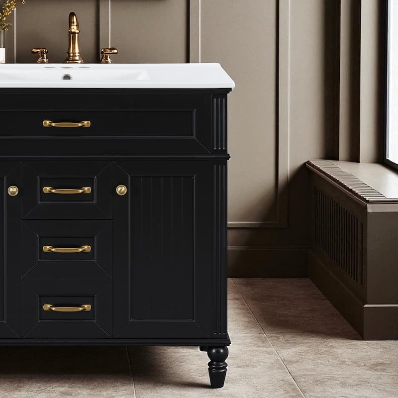 Modern 36 Inch Bathroom Vanity with Ceramic Sink, Solid Wood Frame, Golden Handles, Flip-Out Top Drawer & Storage Cabinet