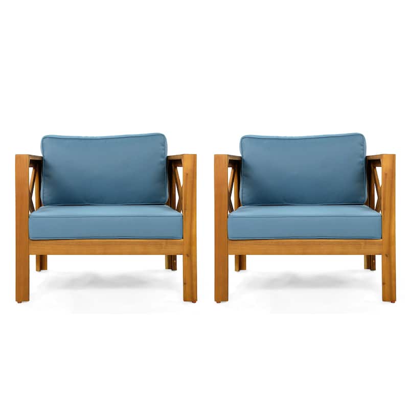 Outdoor Acacia Wood Club Wooden Armchair with Cushions (Set of 2), Conversation Set,Teak Finish,Dark Grey cushion
