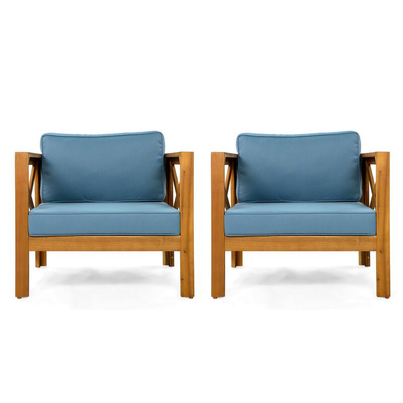 Roomfitters Outdoor Acacia Wood Club Chairs, Teak Finish Armchairs with Cushions