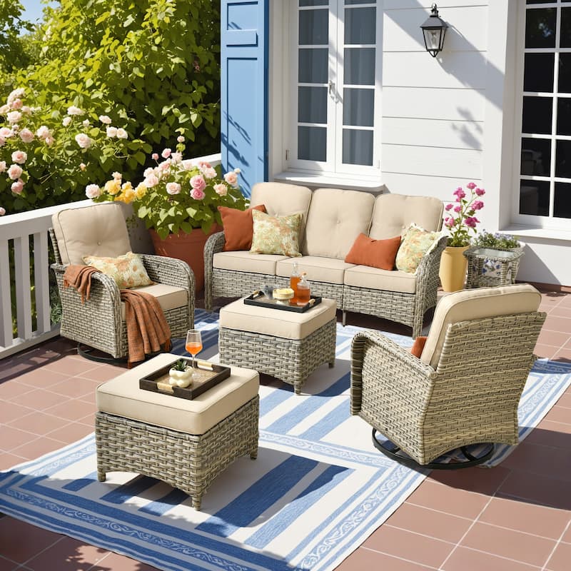 HOOOWOOO 6-piece Outdoor Furniture Wicker Rattan Swivel Chair Set with Ottoman - Beige