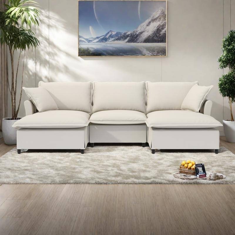 94" Chenille U-Shaped Modular Sectional Sofa with Ottoman & 2 Pillows, and 5-Seater Cloud Sleeper Couch - Beige