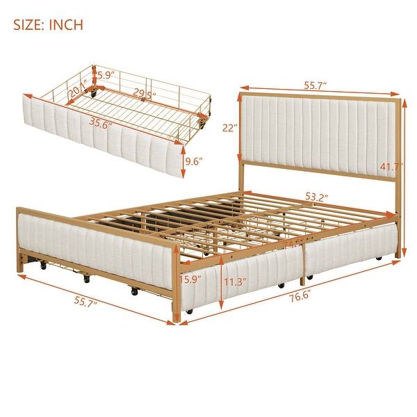 Full Size Linen Upholstered Bed with 4 Storage Drawers and Headboard
