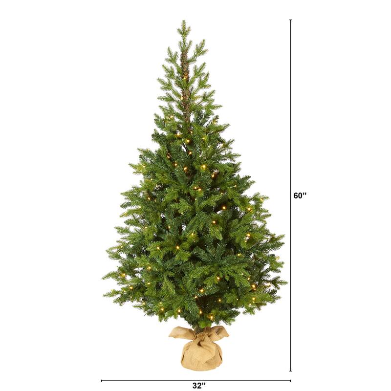 5ft. Fir Look Artificial Christmas Tree with 190 Clear LED Lights, Burlap Base & 1217 Branches - Rustic Holiday X-Mas Tree