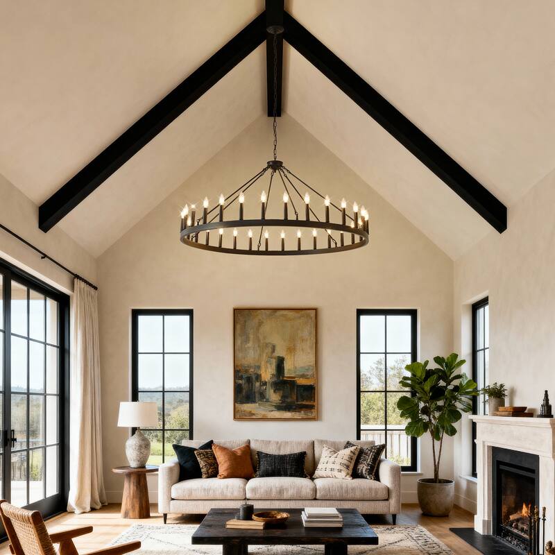 53.15 Inch Matte Black Wagon Wheel Chandelier With 30 Light (No Bulbs)-E12 - Black