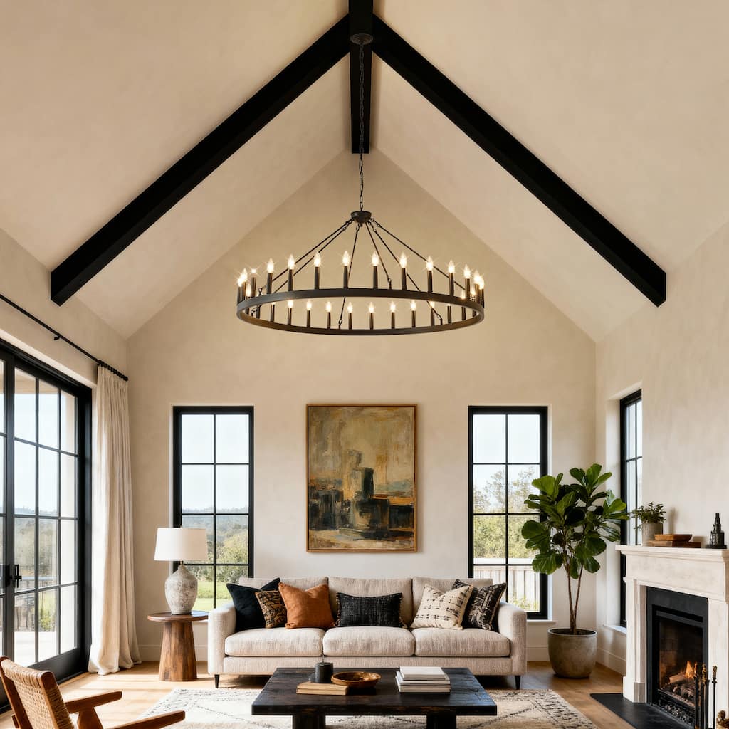 53.15 Inch Matte Black Wagon Wheel Chandelier With 30 Light (No Bulbs)-E12