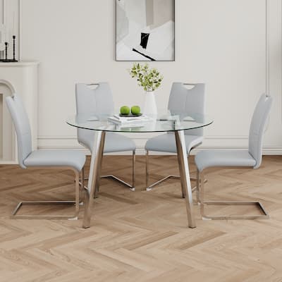 47.2" Round Glass Dining Table Set for 4, Modern 5-Piece Kitchen & Dining Table with 4 PU Chairs for Apartments, Kitchens