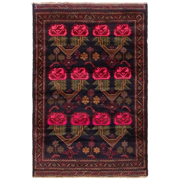 ECARPETGALLERY Hand-knotted Baluch Black, Pink Wool Rug - 2'10 x 4'10. Opens flyout.