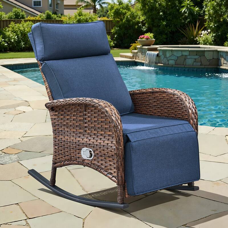 Pocassy Outdoor Patio Rocking Lounge Chairs with Adjustable Backrest Set. - Brown Wicker with Blue Cushion - 1 Piece Rocker Recliner Chair