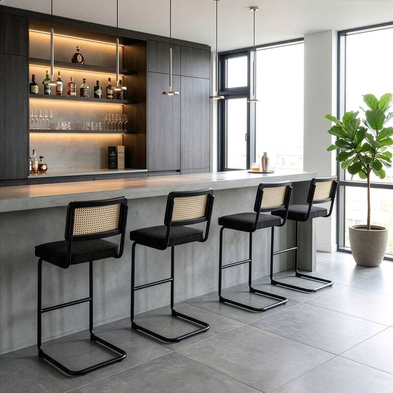 Set of 2 Ayo Black Fabric Bar Stool with Rattan Backrest and Black Steel Legs