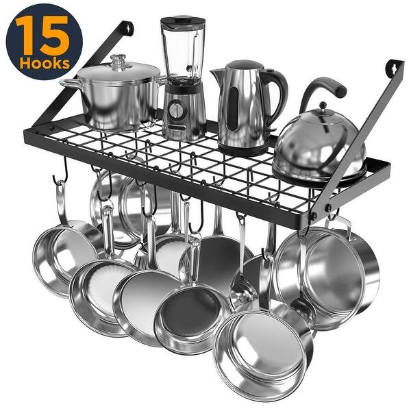 Shop Wall Mount Pot Rack Kitchen Cookware Hanging Organizer With 15 Hooks On Sale Overstock 31229456