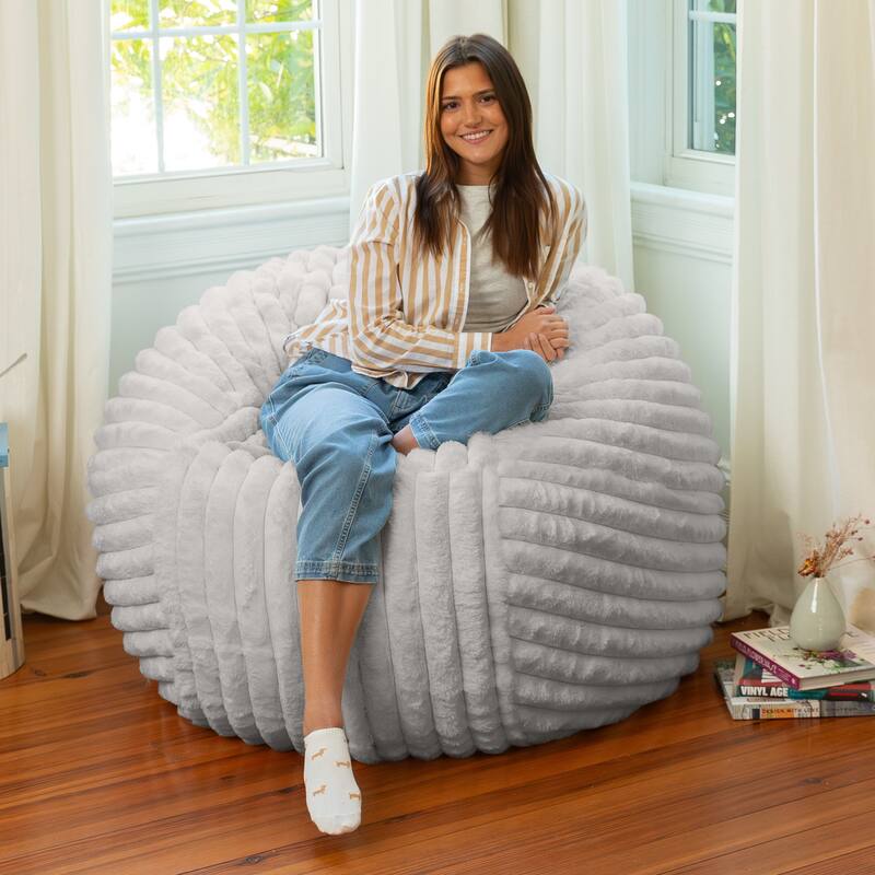 Jaxx Saxx 4ft - Large Round Bean Bag for Adults - Plush Synthetic Fur - Faux Fur Grey