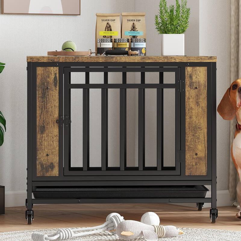 Dog House Furniture, Wooden Dog House Dining Table with Iron Door and Tray