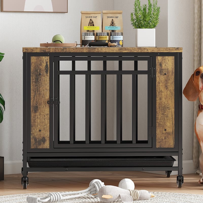 GDFStudio - Kary Wooden Dog Crate Furniture with Iron Door and Tray for Medium/Small Dogs