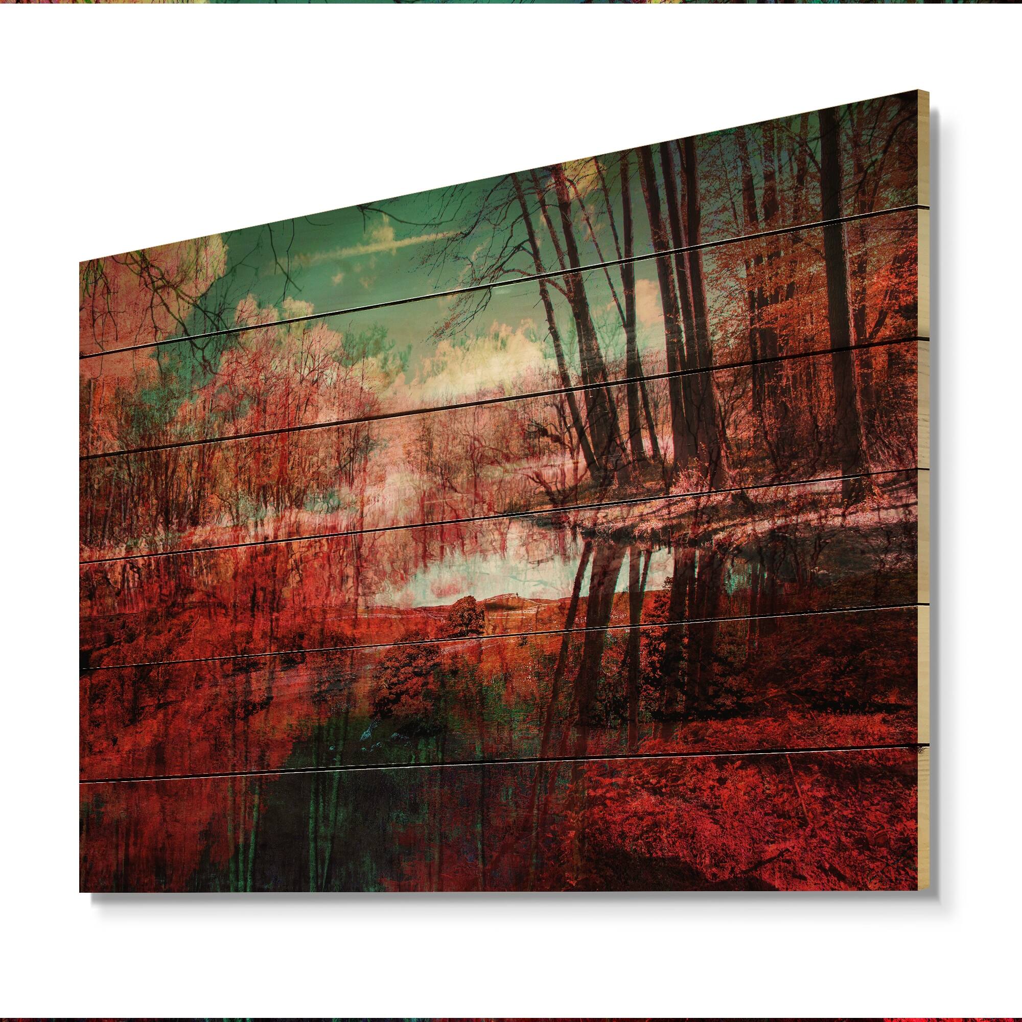 Designart 'Red Autumn Artistic Forest By The Lake' Traditional Wood ...