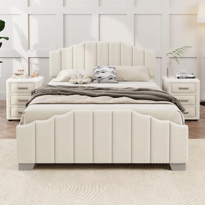 Modern Queen Size Bedroom Set, with Upholstered Platform Headboard and 2 3-Drawer Nightstands, No Box Spring Needed