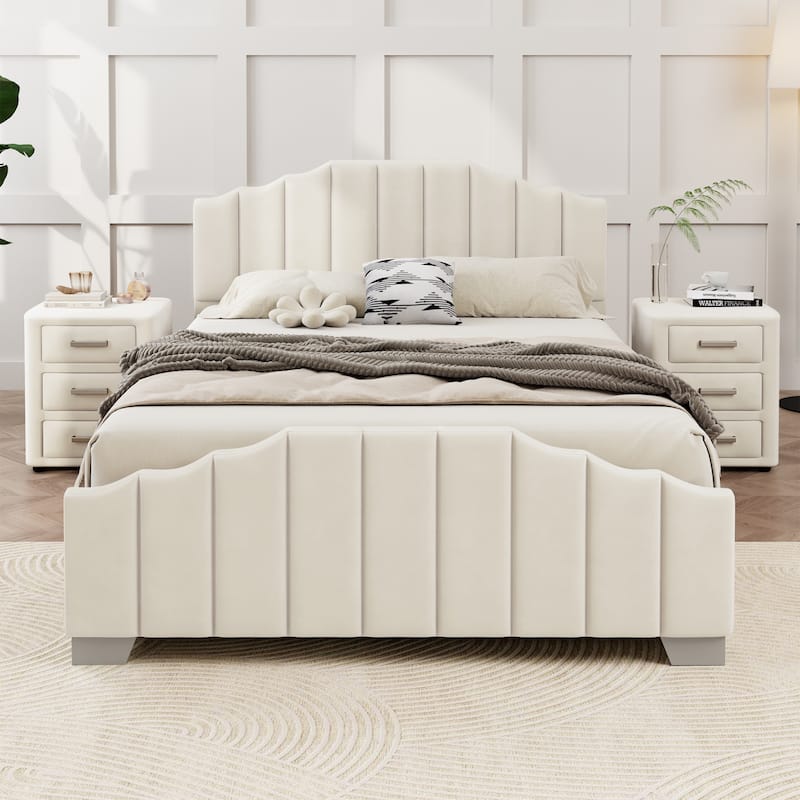 Queen Size Velvet Platform Bed with Vertical Channel Tufted Headboard and Footboard, Sturdy Wood Frame