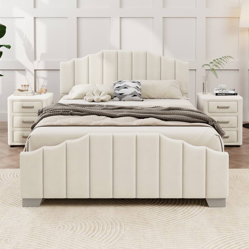 Velvet Upholstered Platform Bed Frame Vertical Channel Wingback Bed Tufted Headboard Footboard, Low Profile Panel Bed - Beige with 2 Drawers - Queen