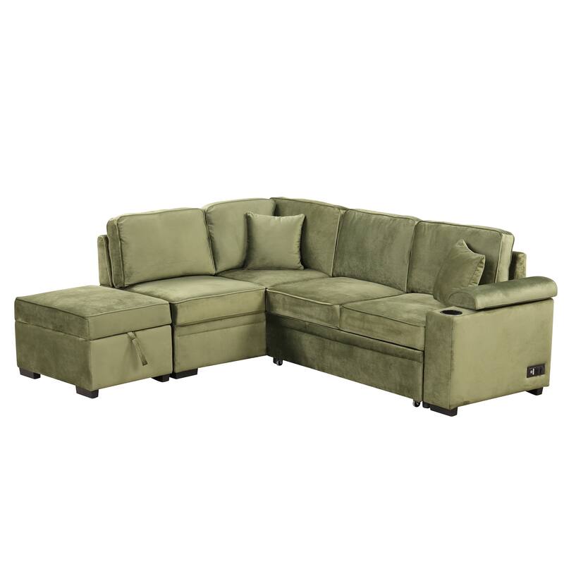 Sleeper Sofa Bed with Storage Ottoman, 2 in 1 Convertible Sectional Sofa Couch, Velvet 4-Seater Sofa with Cup Holder