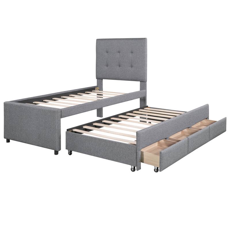 Gray Twin Size Platform Bed with Pullout Twin Size Trundle and 3