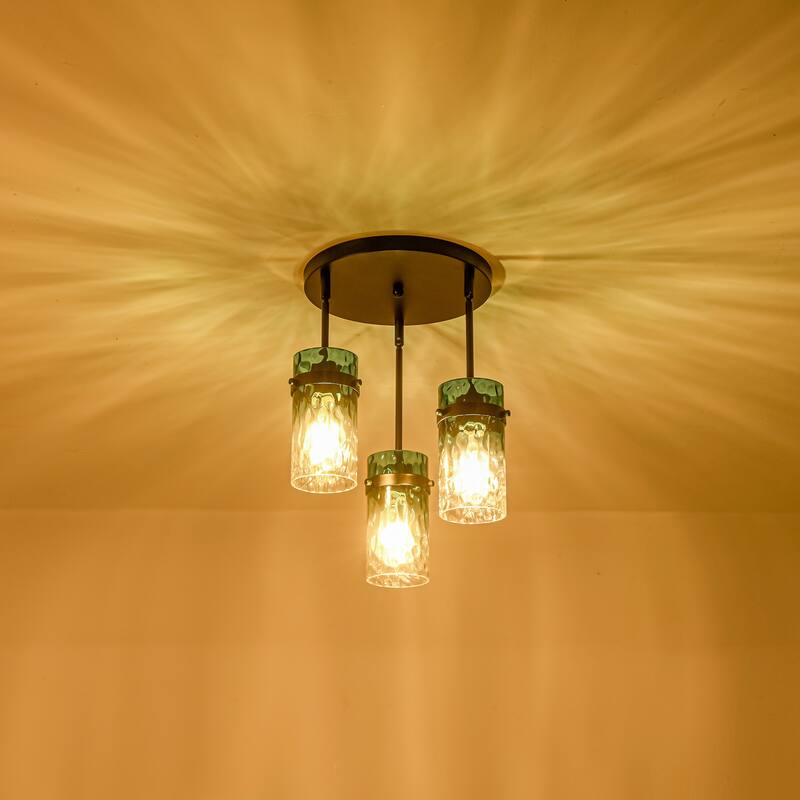 1/3-Light Coastal Matte Black Adjustable Pendant Light with Gradient Blue Hammered Cylinder Glass for Kitchen Island