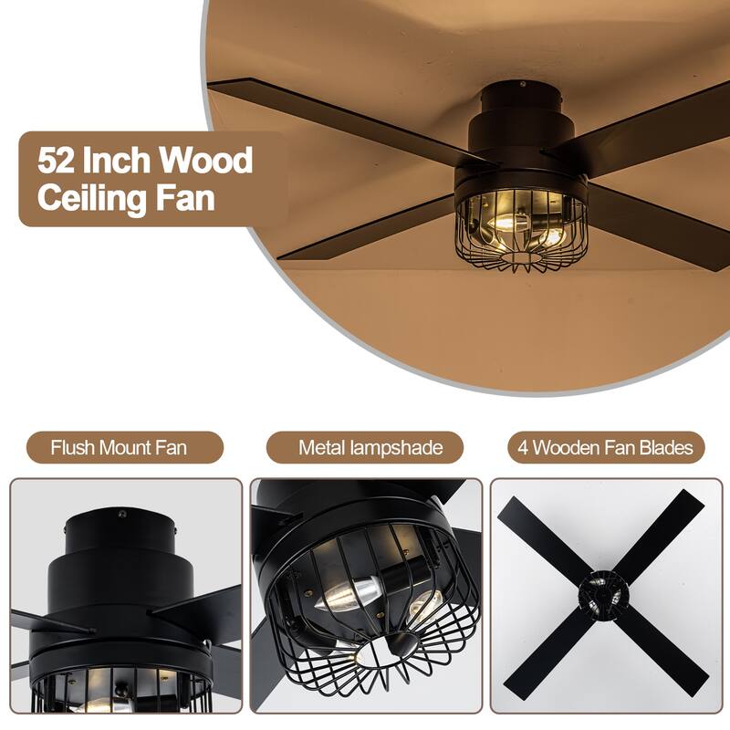 CurveCurio 52'' Modern Black Industrial Ceiling Fan Flush Mount w Remote Control, 4 Wooden Blades w Caged Lights for Living Room