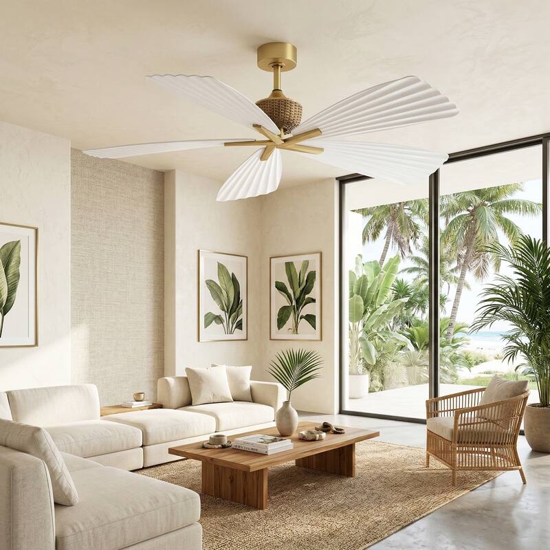 56" Tropical White Pleated Leaf 5-Blade Indoor Outdoor Ceiling Fan with Remote, No Light