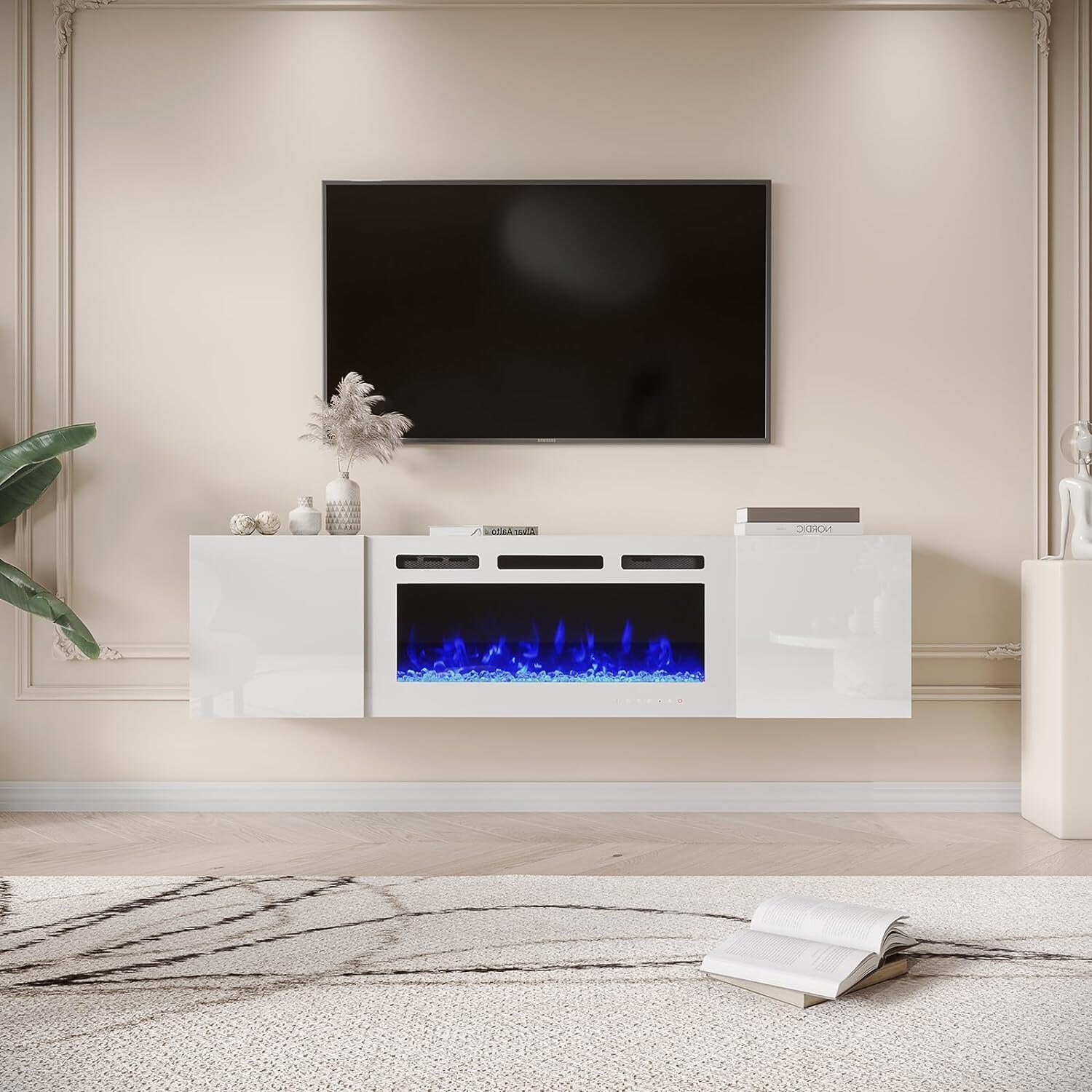 Floating entertainment center top with electric fireplace
