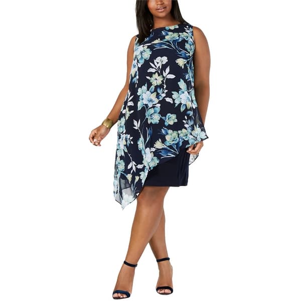 Connected Apparel Womens Floral Chiffon Overlay Shift Dress, navy