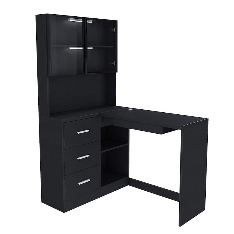 Computer Desk with Glass Cabinets & Built-In LED Lights, Corner L-Shaped Office Desk with USB Charging Ports, Keyboard Tray