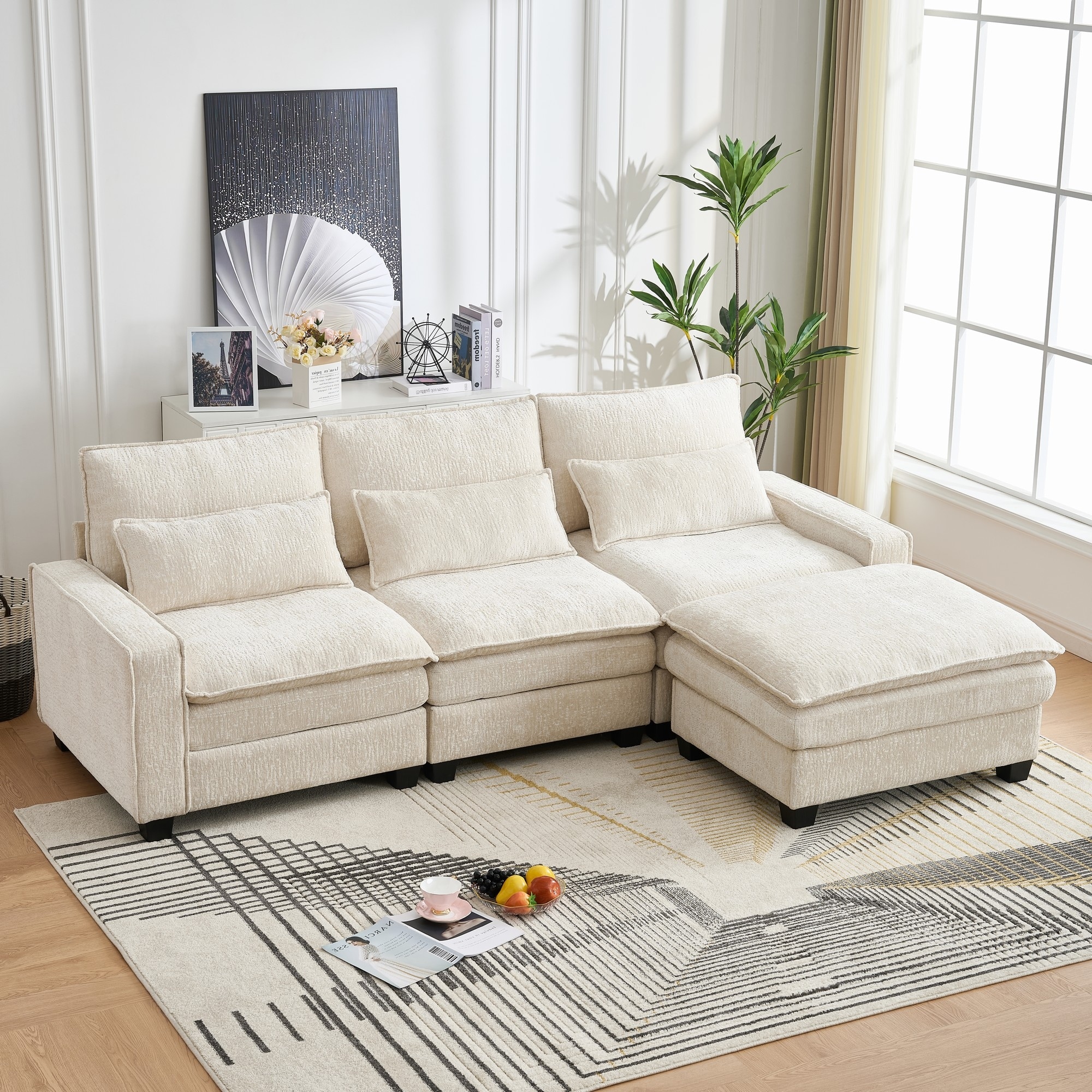 L Shaped Sectional Sofa with Movable Ottoman, Chenille Upholstered 4 Seater Sofa, Cloud Deep Seat Couch with Lumbar Pillow