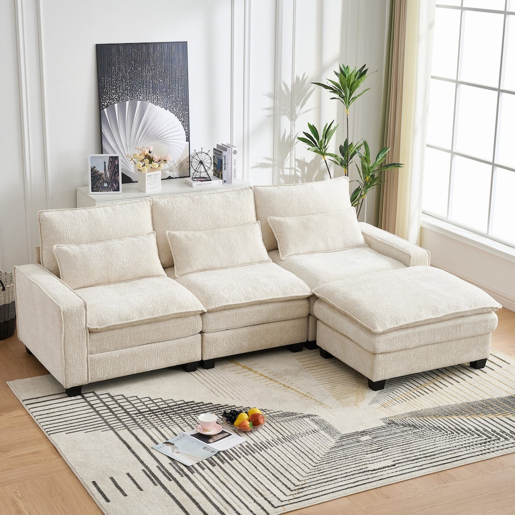 L Shaped Sectional Sofa with Movable Ottoman, Chenille Upholstered 4 Seater Sofa, Cloud Deep Seat Couch with Lumbar Pillow