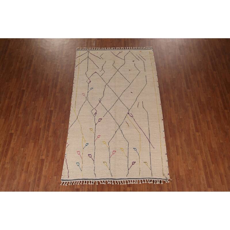 All-Over Striped Ivory Moroccan Area Rug Handmade Wool Carpet - 6'1"x 10'1"