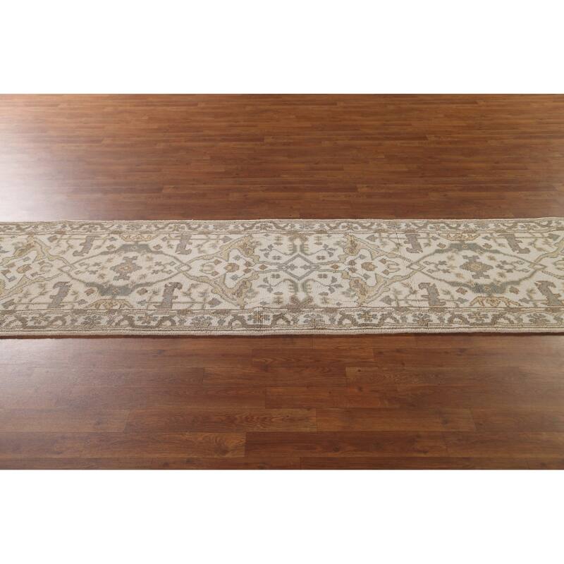 All-Over Ivory Oushak Oriental Runner Rug Hand-Knotted Wool Carpet - 2'6"x 11'9"