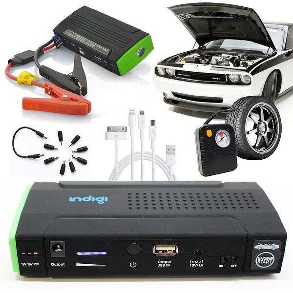 Indigi® 12800mAh HeavyDuty Rugged Portable Automotive Jump Starter PowerBank w/ Hard Carrying Case & Tire Inflator Included