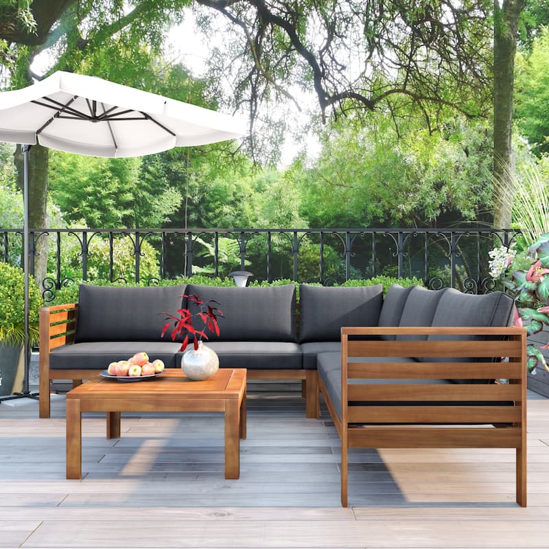 Roomfitters 3-Piece Outdoor Sectional Sofa Set with Coffee Table, Solid Wood Frame L-Shaped Patio Furniture