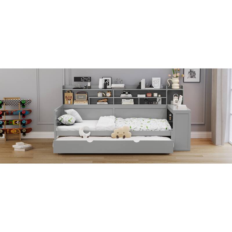 Wooden Twin Size Daybed with Storage Shelves, Multi-functional Bed with Twin Size Trundle Bed and Study Desk, Gray